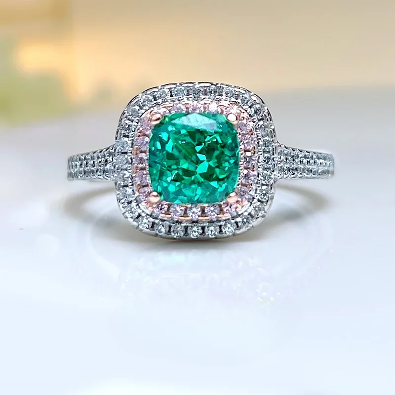 

Super Flash 1-carat Color Diamond Ring Fashion Paraiba Apple Green Square Diamond Ring Light Luxury Style socialite 925 Silver