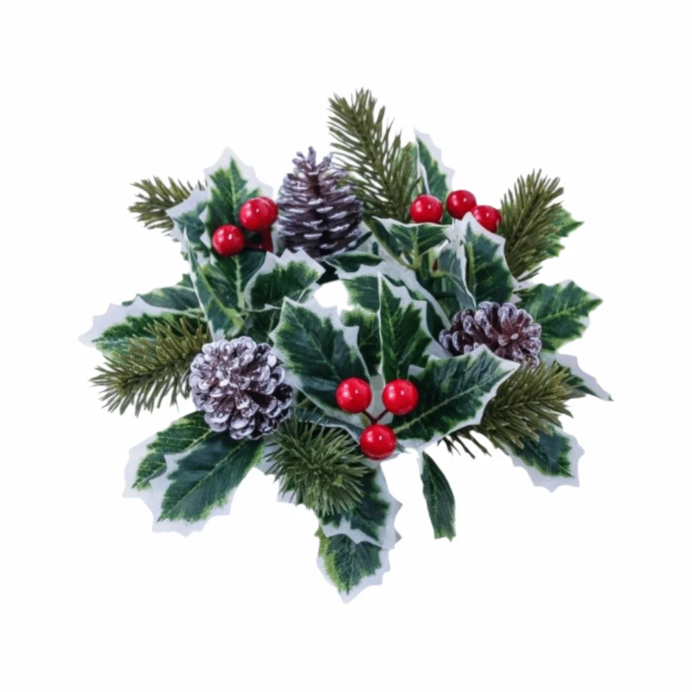 Artificial Pine Needle Christmas Candle Ring Plastic Red Berry Pillar Candle Garland Durable Elegant Table Centerpiece