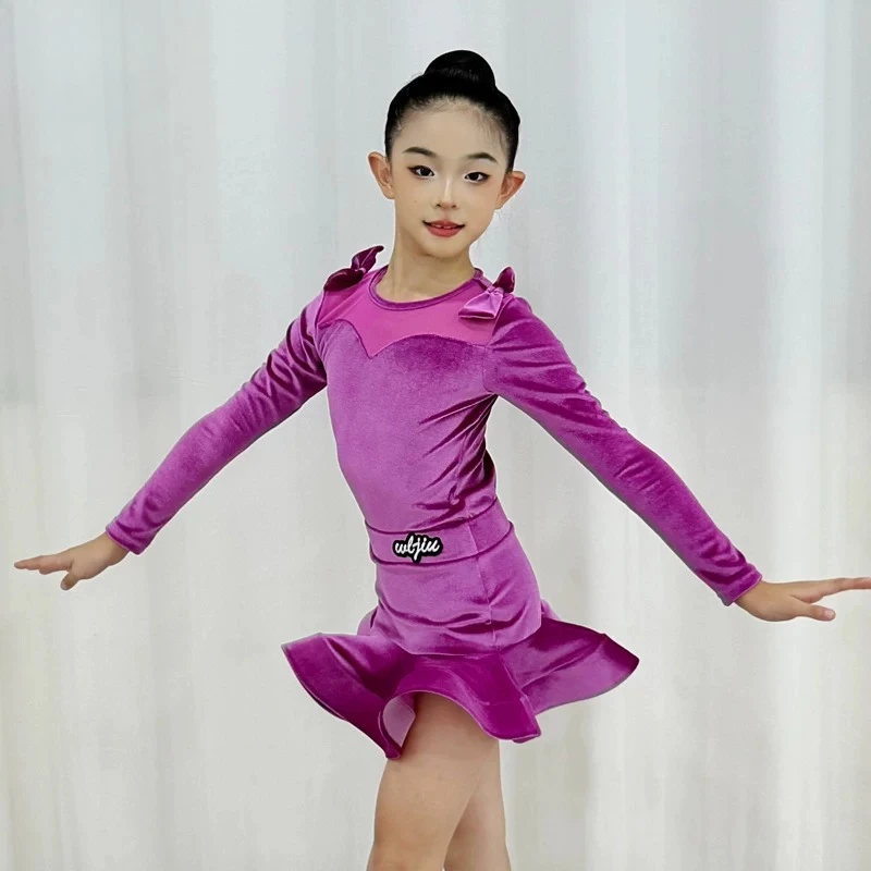 Velvet Latin Dance Suit For Girl Performance Practice Wear Long Sleeve Bodysuit Ruffle Skirt Kid Rumba Dance Training Set