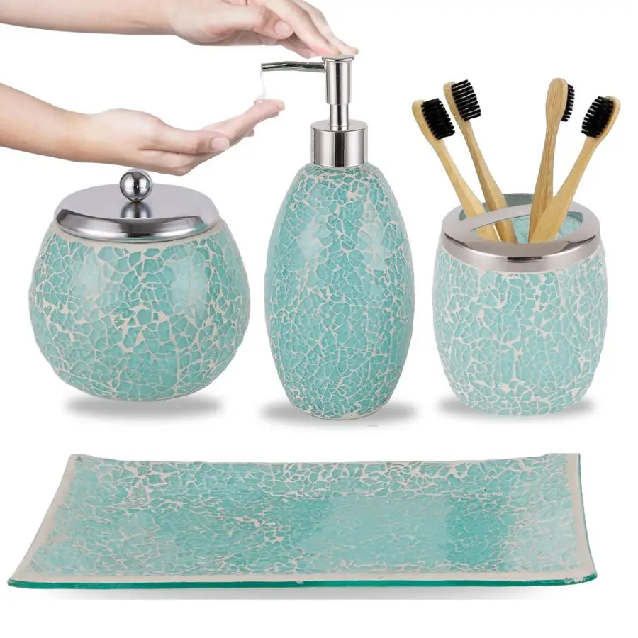 

Stylish Green Bathroom Accessories Sets 4 Pcs Luxurious Glass Soap Dispenser, Toothbrush Holder, Cotton Swab Jar, Vanity Tray Mo