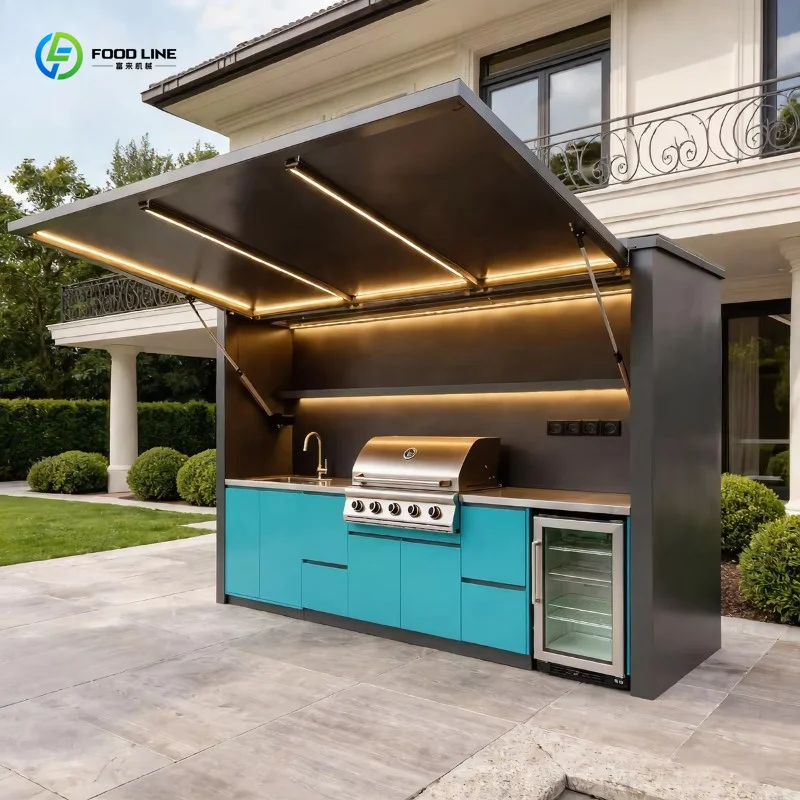Customized Eco Friendly Modular Outdoor Kitchen Island Stainless Steel With BBQ Grill Waterproof Basket Storage Set