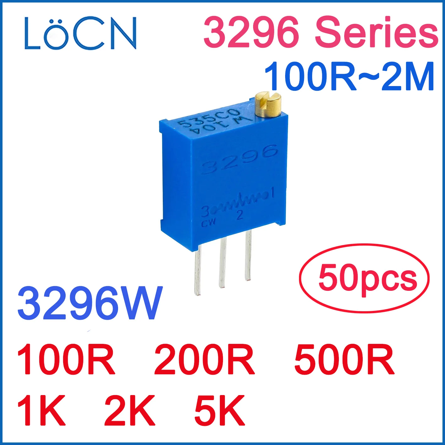 LoCN 50 шт. 3296 Вт 100R 200R 500R 1K 2K 5K Триммер для кастрюль потенциометр 3296 3296W-1-102 3296W-1-202 3296W-1-502 высокое качество