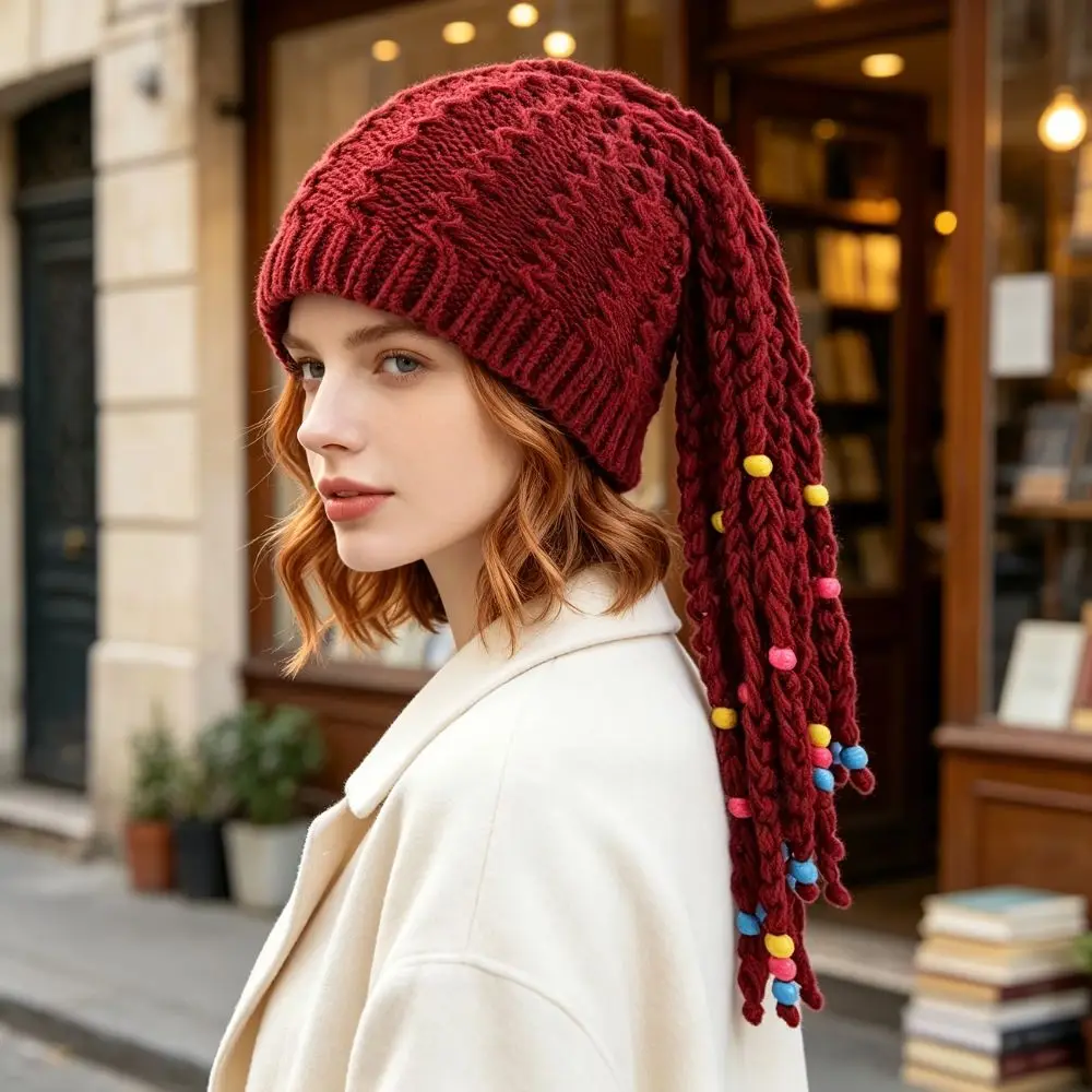 Warm Knitted Dreadlock Beanie Color Bead Decor Integrated Braid Braided Wig Hat Faux Braid Stretchy Dreadlock Hat Daily Outing