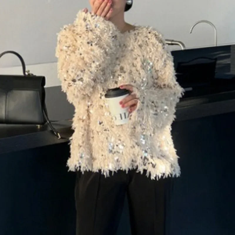 Neploe Heavy Sequin Tassel Sweaters Female Autumn New Oneck Loose Tops Women Y2k Fashion Long Sleeve Knitted Pullover