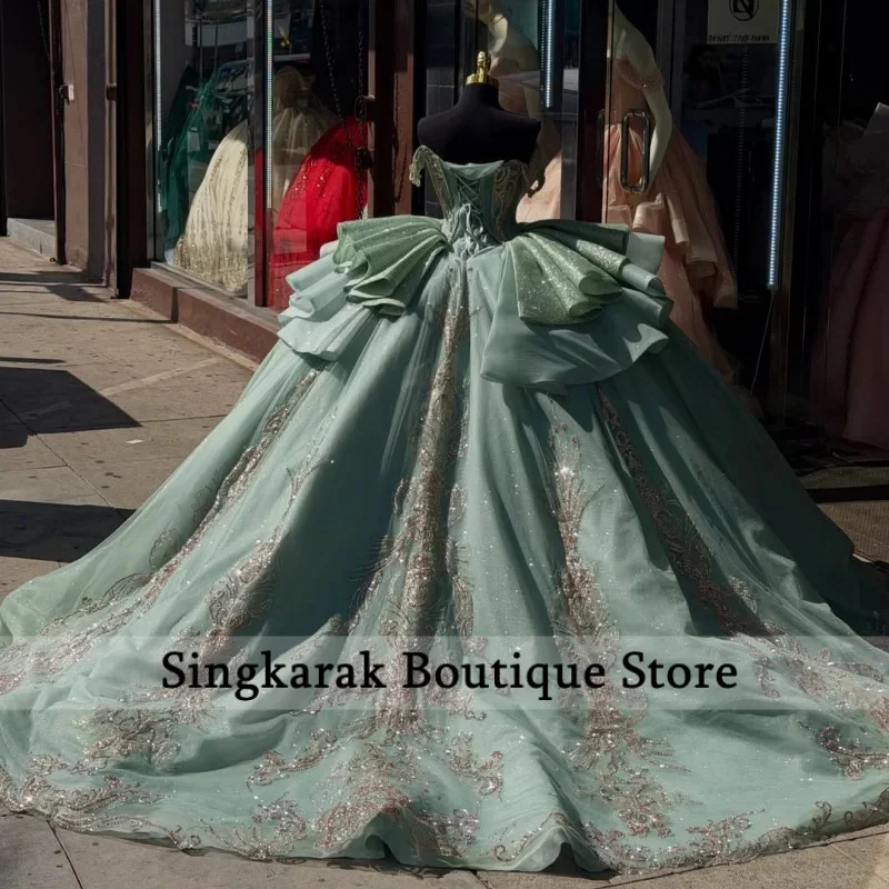 Green Quinceanera Dress Sequins Crystal Beads Decal Long tail off-shoulder Tull Layering Vestidos De 15 Quinceanera ﻿Customize