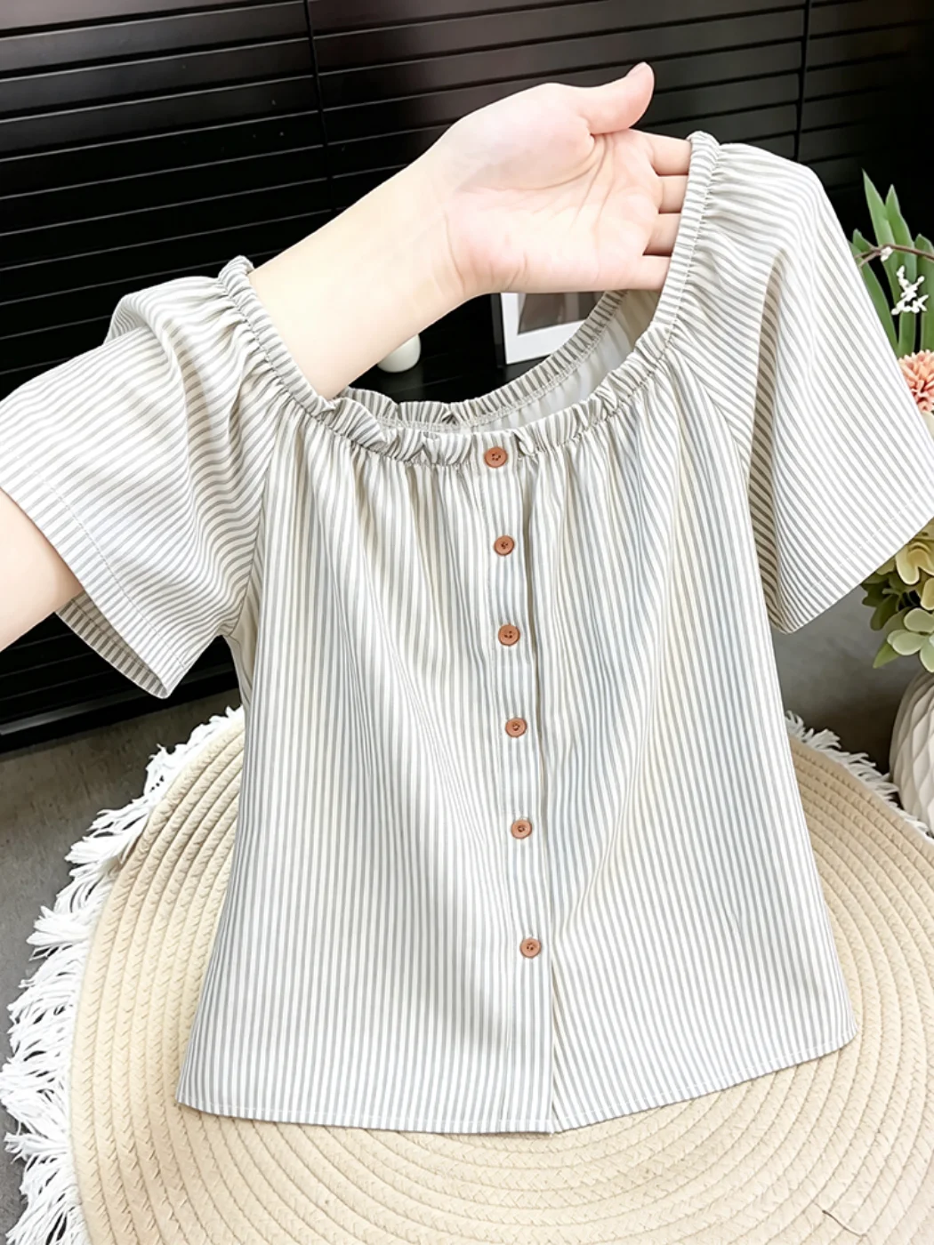 

Two-Way Wearable Button-Up Slimming Stripe Wood Grain Shirt Short Sleeve Women's Fashionable Summer Korean Style Top