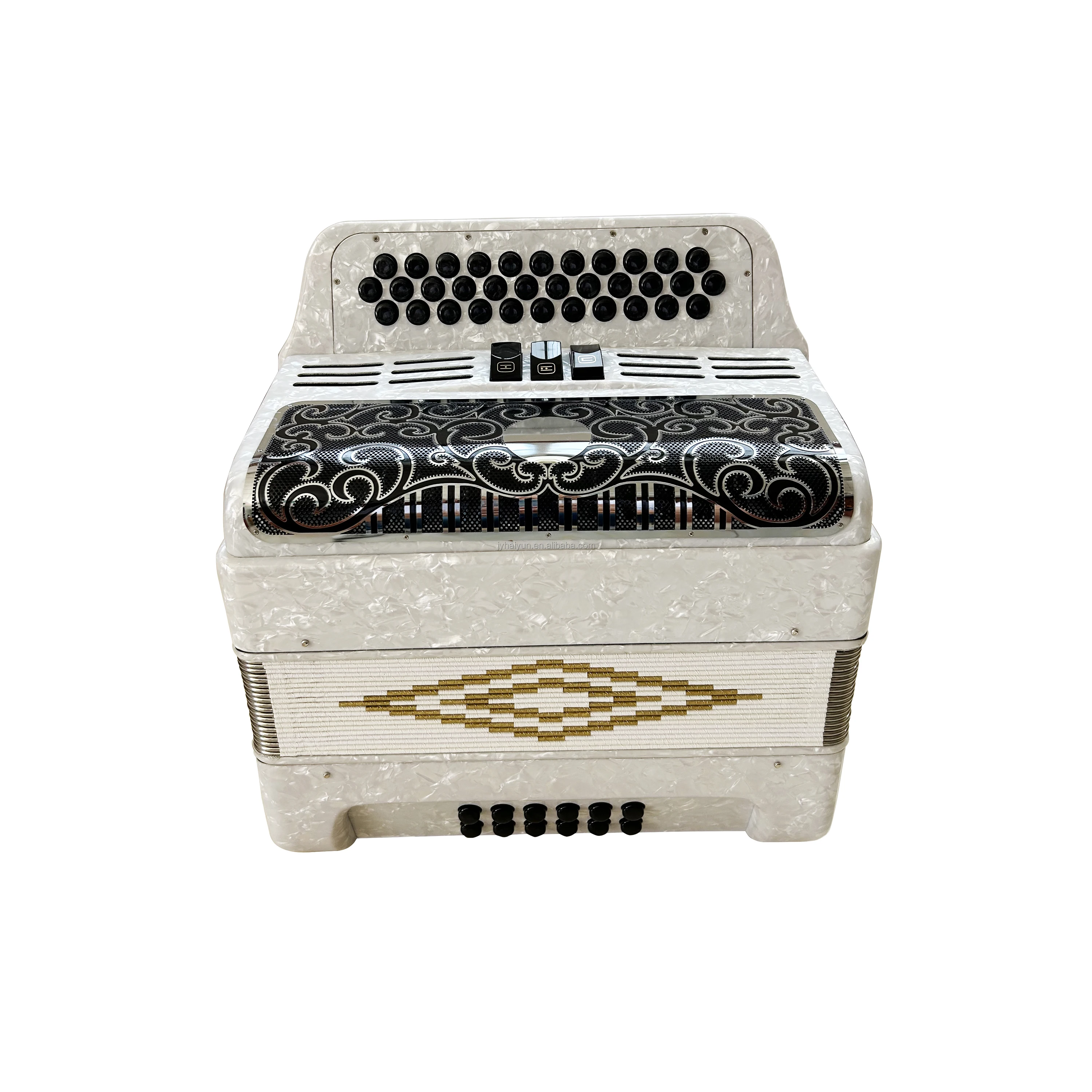 Professional 34‑Button 12‑Bass 3‑Register Accordion with Celluloid Black Grill Different Colors