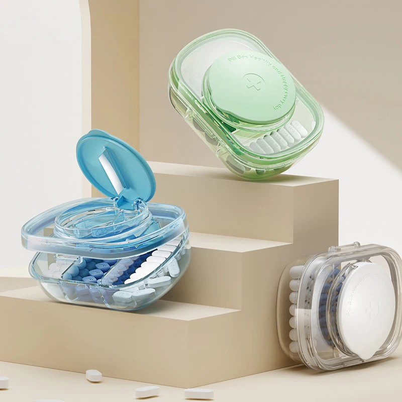 

2-in-1 Portable Pill Organizer with Cutter , Small Medicine Supplement Pill Case, BPA Free Material 3 Compartments Organizer