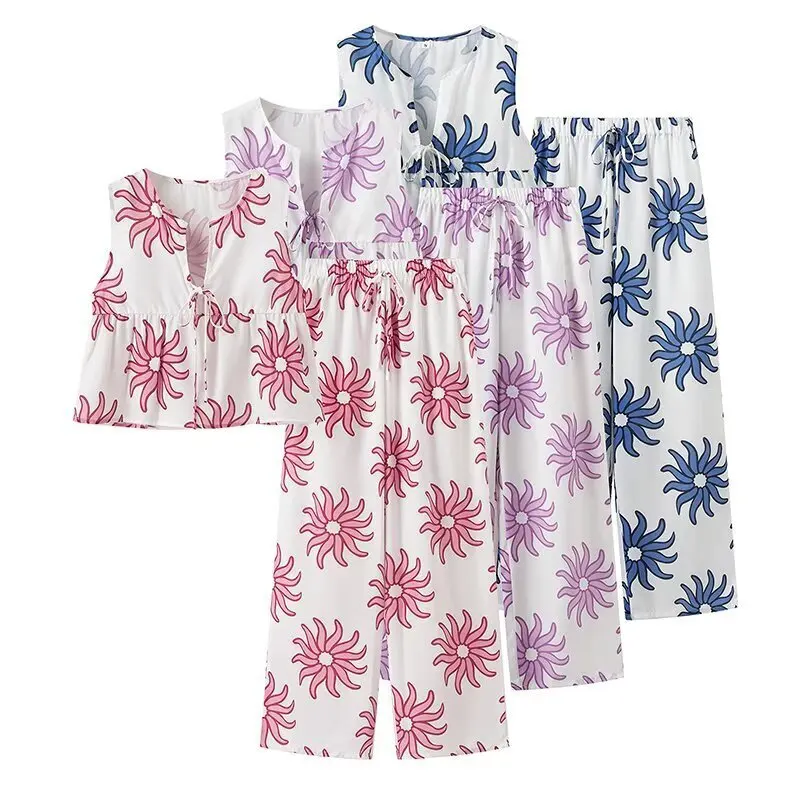 

New Women's Fashion Printed 2 Piece Set Female Chic V-Neck Sleeveless Lace-Up Top+Elegant Casual Elastic Waist Wide Leg Pants