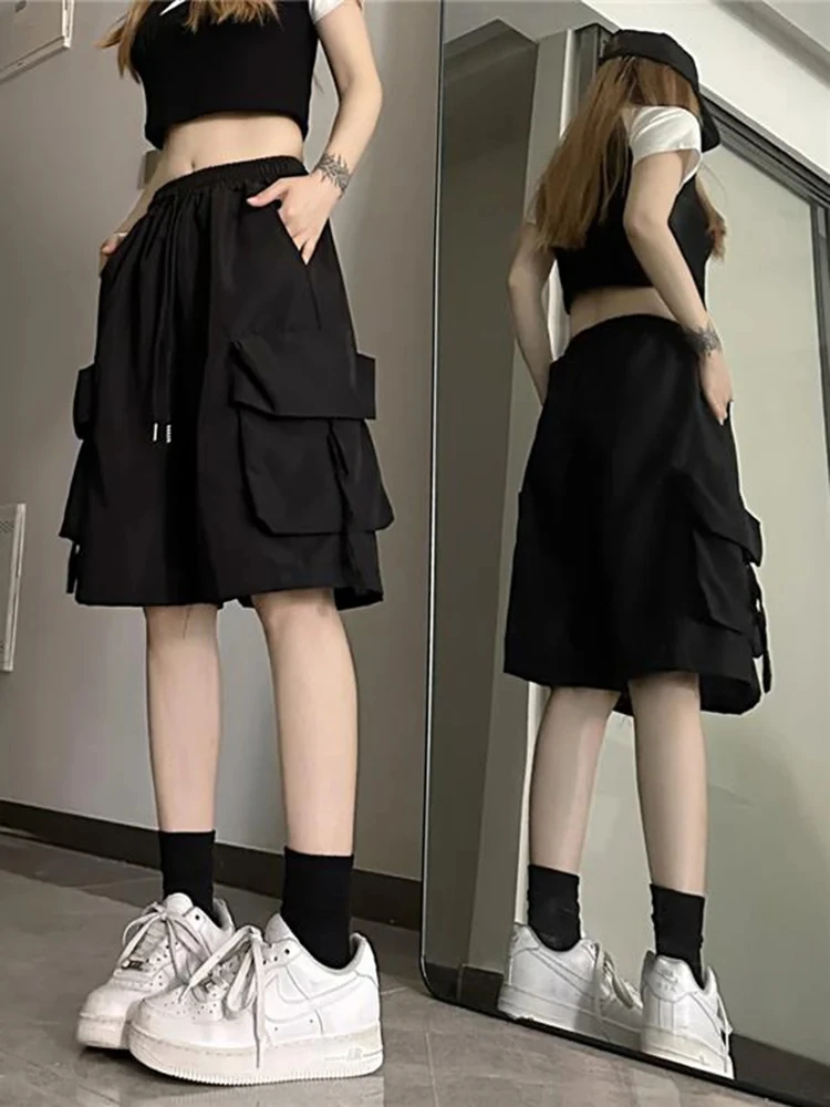 Korean Casual Shorts High Waist Knee Y2K Summer Women Vintage Streetwear Length Wide Leg Baggy Cargo Pockets Short Pants Clothes