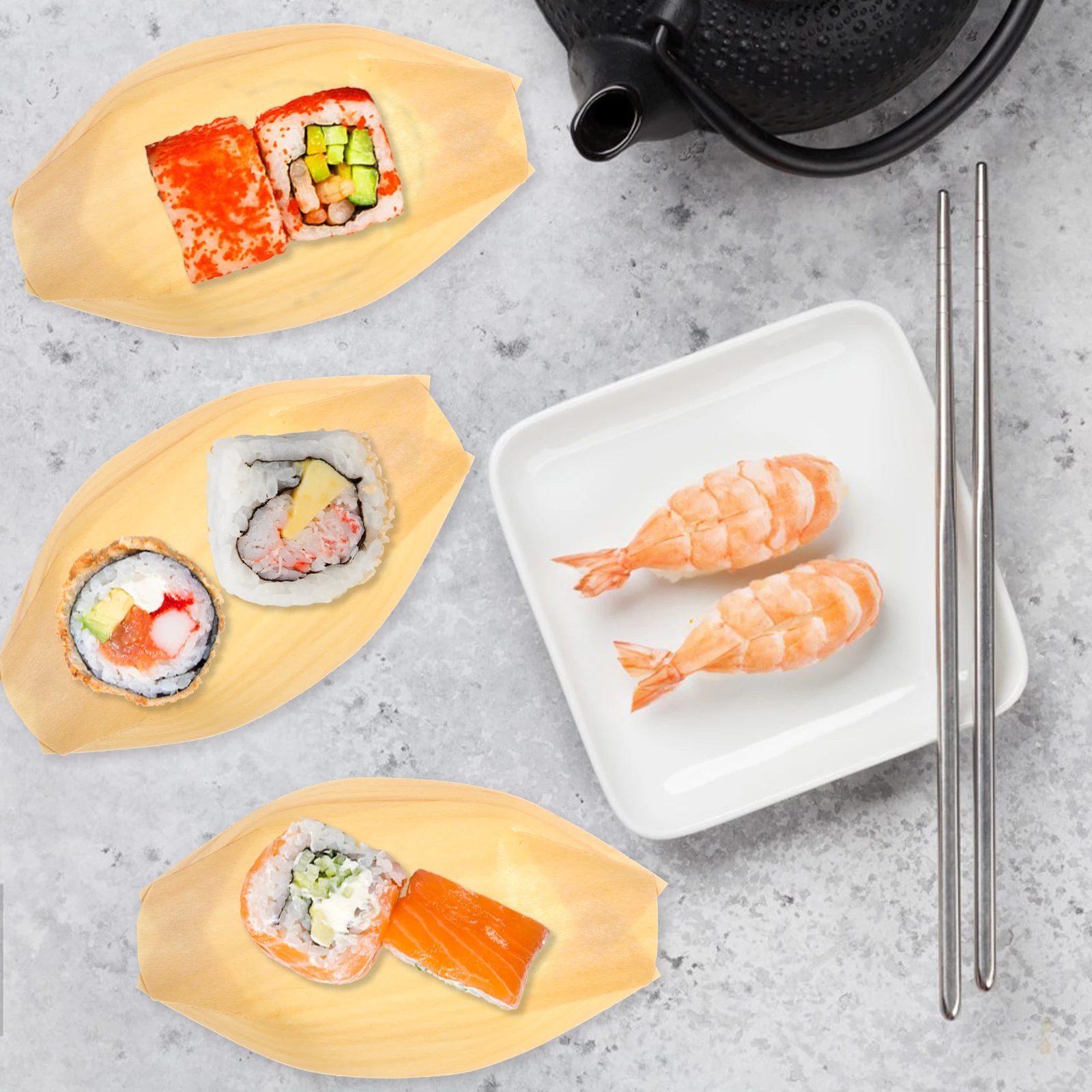 

50 Pcs Sushi Snacks and Wooden Boat Shape Tray Nibbles Platters Food Bamboo Board