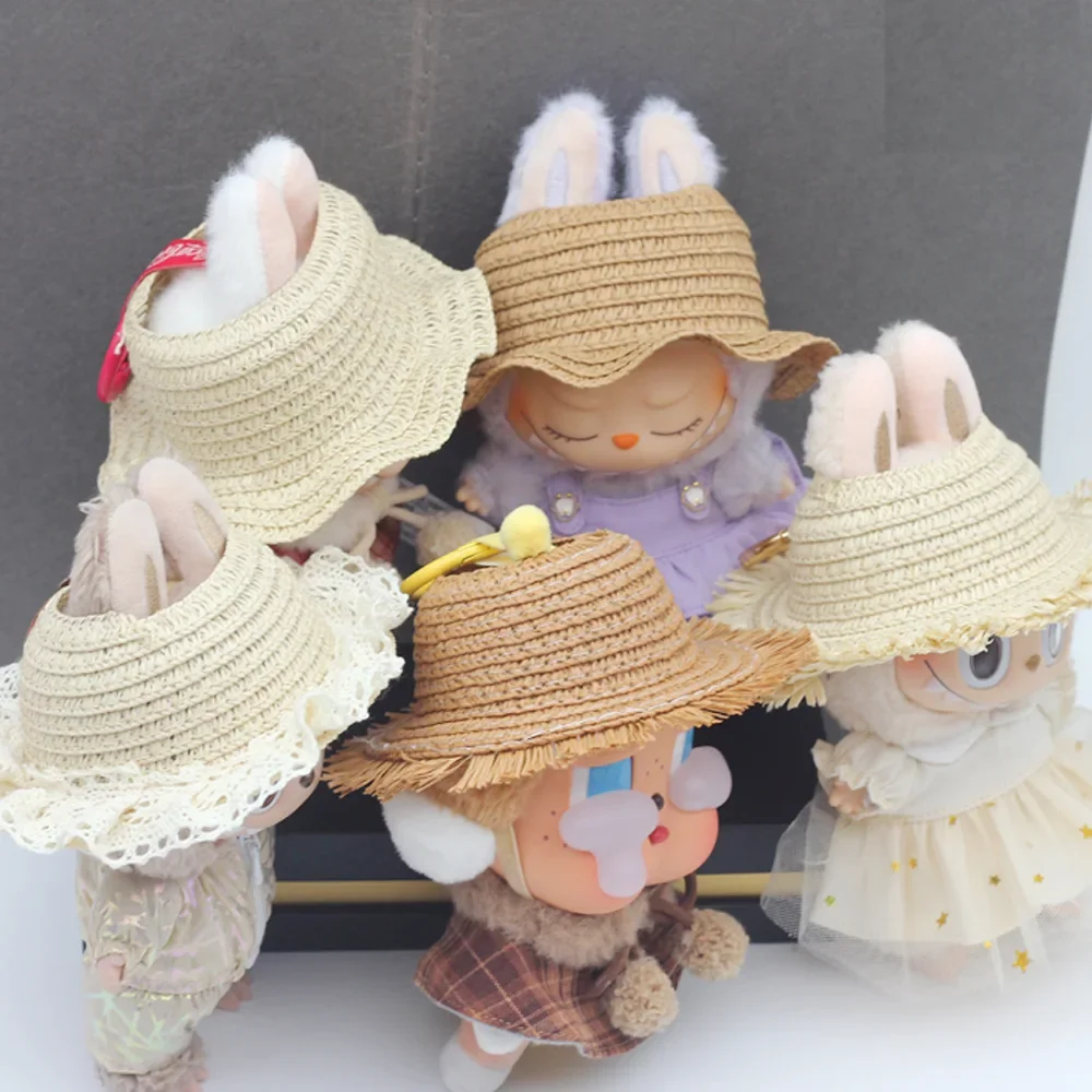 17CM Labubu Clothing Accessories Cute Empty Top Fringed Opening, Woven Straw Hat Lace Fringed Wavy Straw Hat