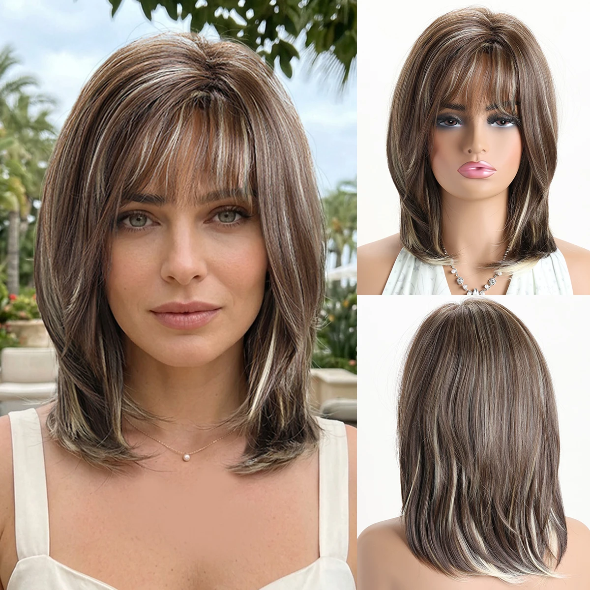 

Layered Brown Blonde Wigs for White Women with Bangs, Synthetic Straight Short Haircuts Wig Lightweight Hair Lady Daily Wear