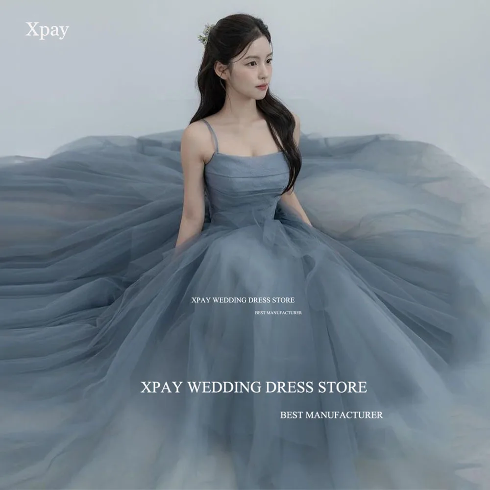 

XPAY Elegant Dusty Blue Korea A Line Evening Dresses Photo Shoot Ruffles Tiered Fairy Tulle Evening Gown Corset Prom Party Dress