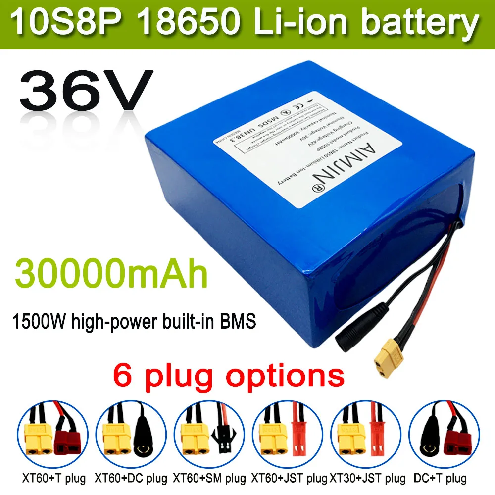 New 36V 30Ah 18650 10S8P A-class lithium battery pack, 1500W high-power built-in BMS, suitable for various energy storage backup