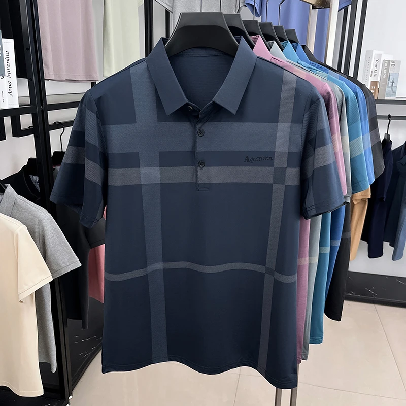 Herrenmode Geometrisch bedrucktes Polohemd aus weichem, atmungsaktivem Stoff mit Brustlogo, Kurzarm, für Business. – Detail 14