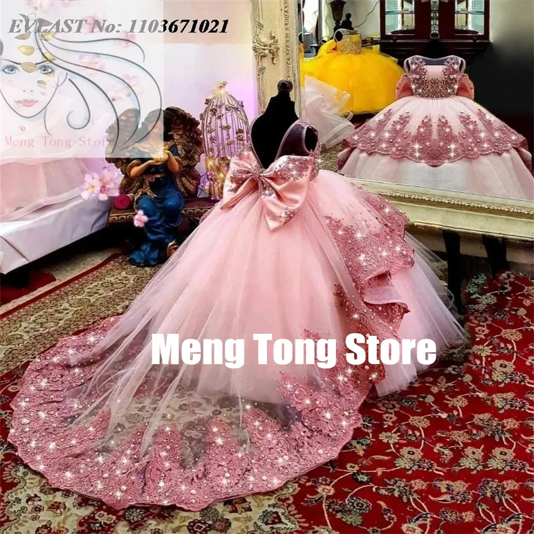 

Розовое платье с цветочным узором для маленьких девочек на свадьбу, праздничное платье с бантом и бисером, пышное платье принцессы для фотосессии