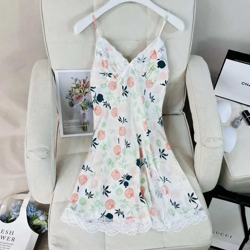 Suspender Nightgown Dress Women Chemise Sleepwear Nightdress Print Flower Nightwear Dressing Gown Satin Home Wear Loungewear