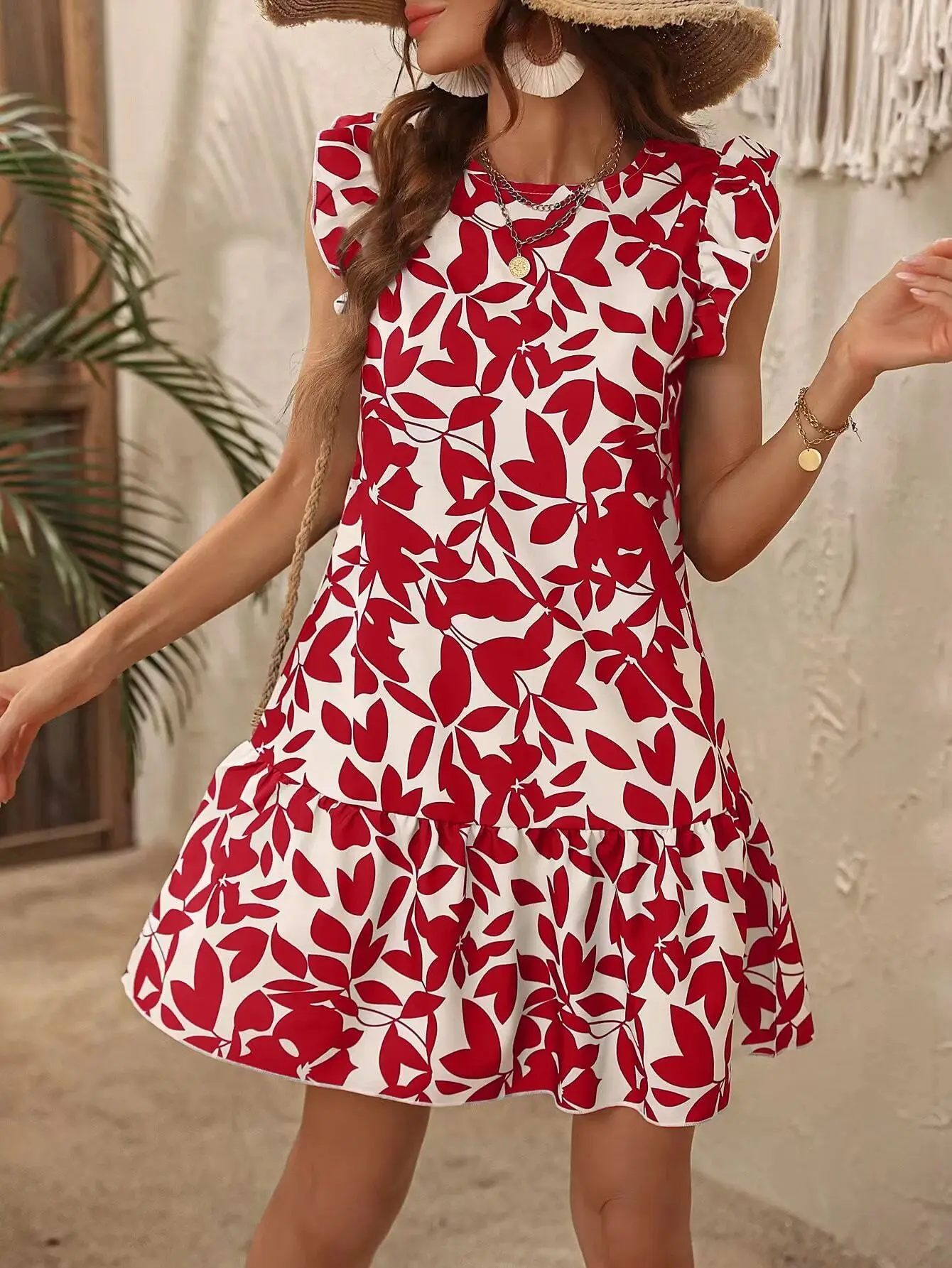 

Women's Short Dress Summer New Fashion Elegant Round Neck Printed Casual Flying Sleeve Ruffle Dress