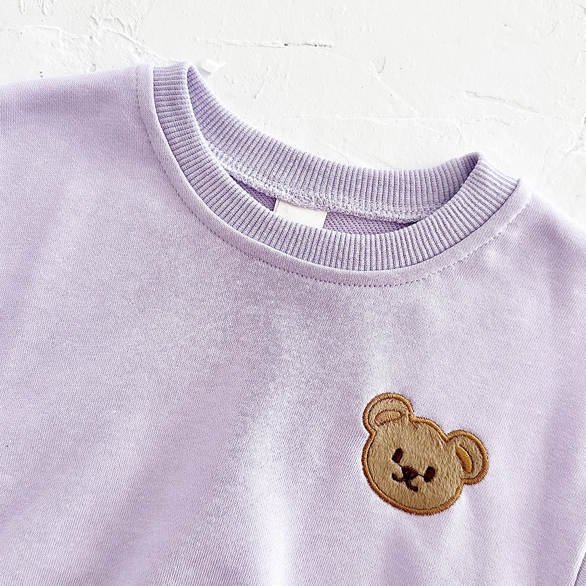 Baby Bear Embroidered Long Sleeve Romper Purple Crew Neck Soft Cotton Bodysuit Infant Jumpsuit with Beanie Hat