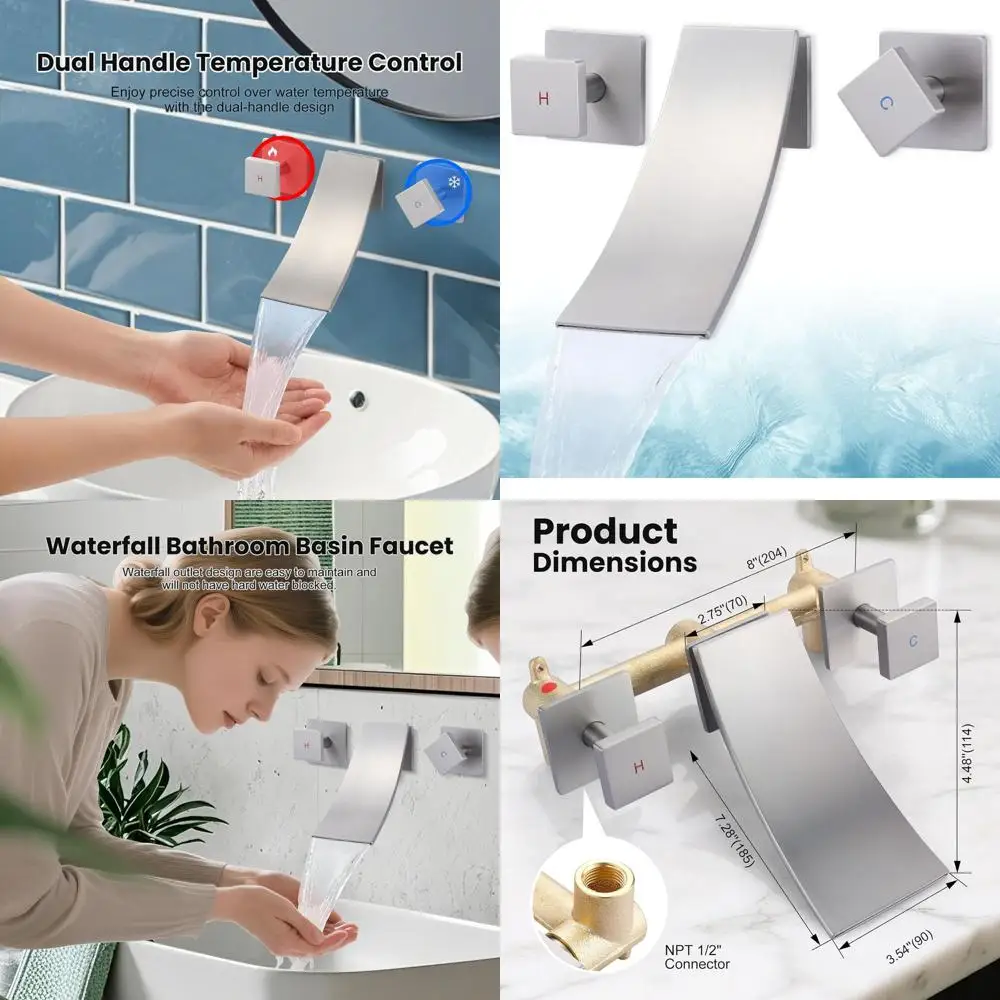 

Modern Dual-Handle Wall-Mounted Sink Faucet for Vanity, Lavatory, and Restroom, 3-Hole Waterfall Design, Brushed Nickel Finish