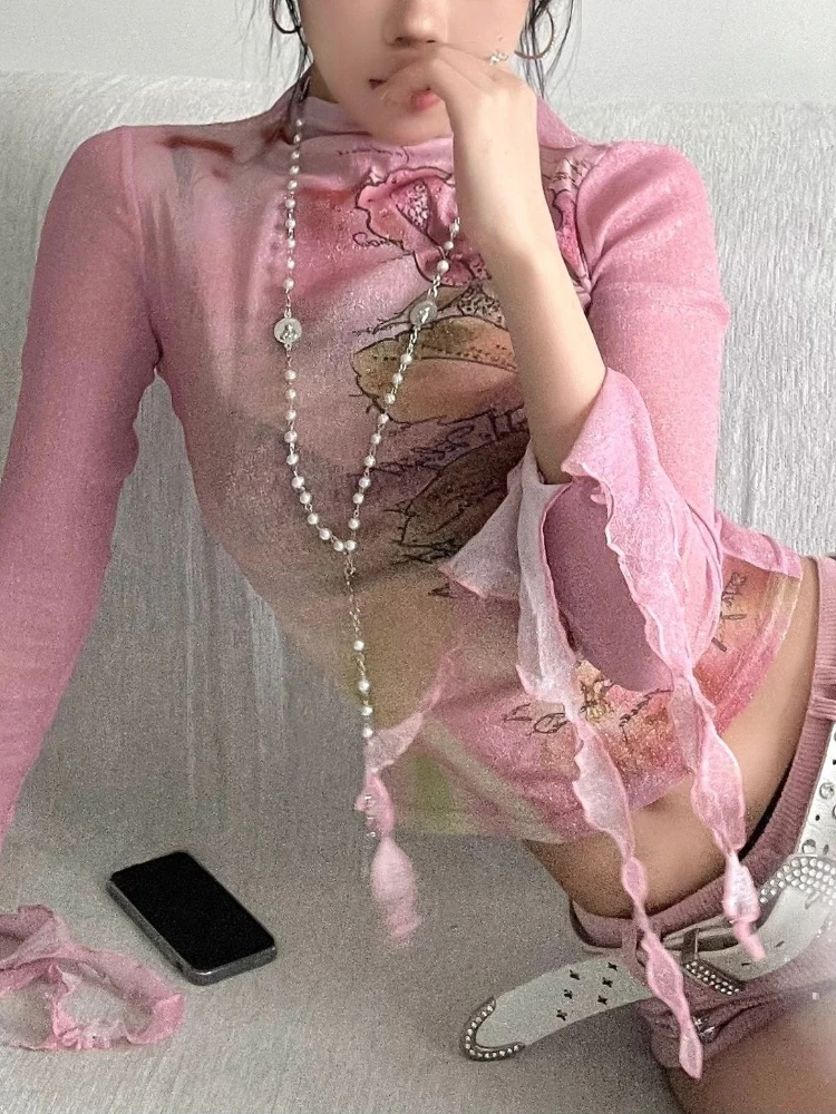 Japanese Y2k Mesh Tops 2000s Aesthetics Pink T-shirt Korean Fairycore Women Sexy Crop Long Sleeve Sheer Tops Harajuku Lolita 00s