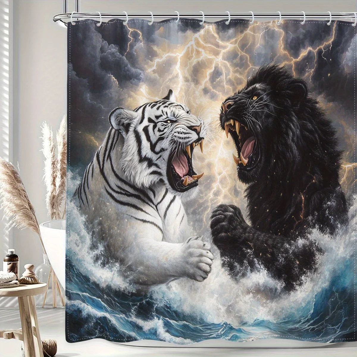 

1 шт., занавеска для душа с цифровым принтом на тему свиретого тигра и льва — полиэфирная ткань с крючками, реалистичная битва дикой природы Desi