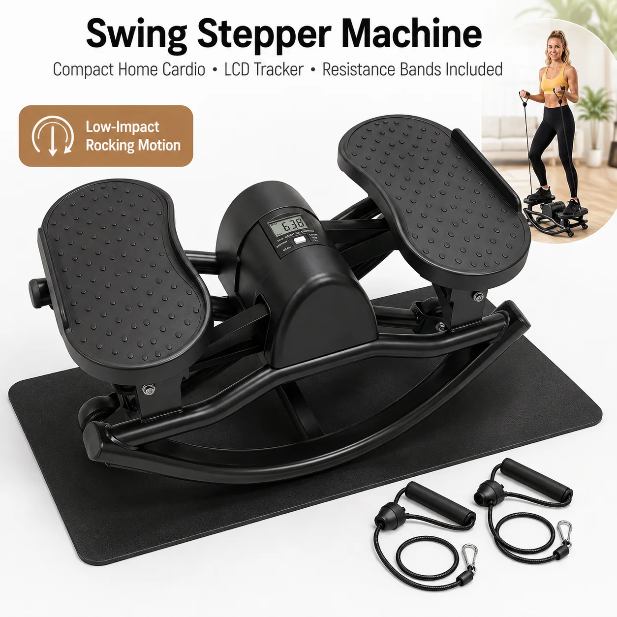 Swing Stepper Machine with Resistance Bands LCD Display Low Impact Rocking Motion Home Fitness Cardio Trainer Compact Exercise