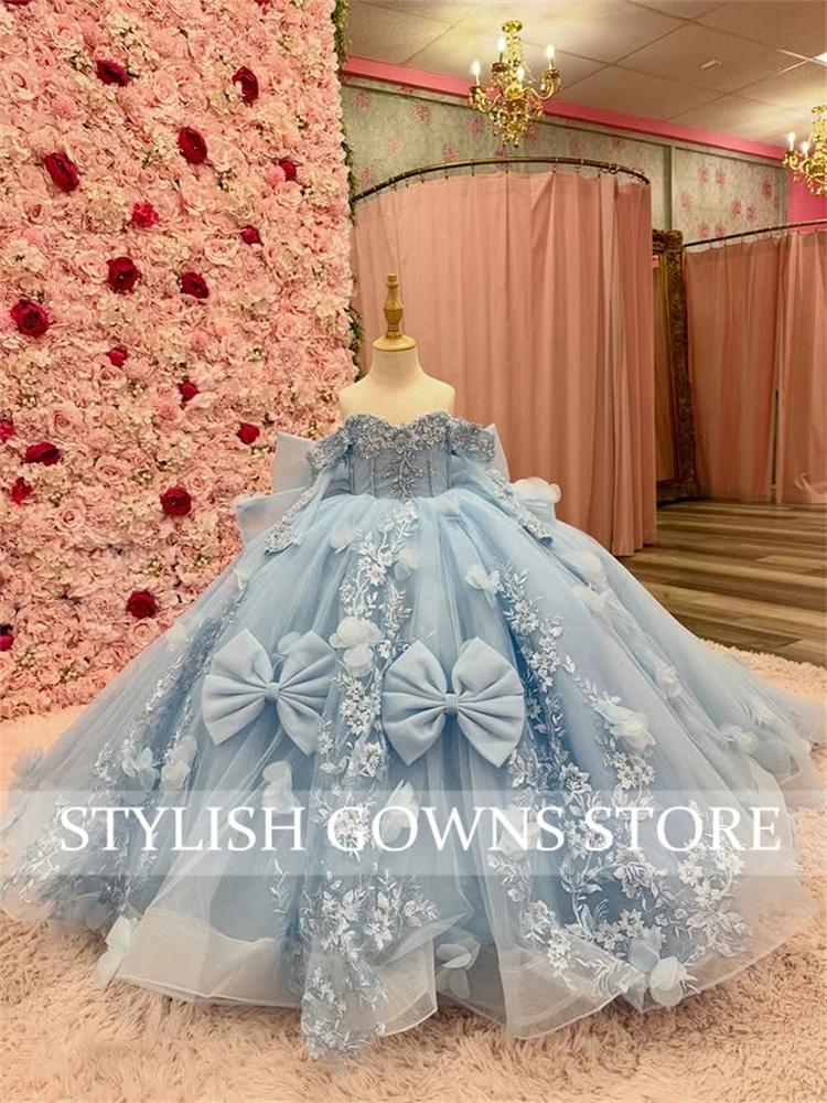 Robes De Quinceanera bleues scintillantes avec nœud, robe De fête d'anniversaire en dentelle avec perles De fleurs 3D, 15 ans