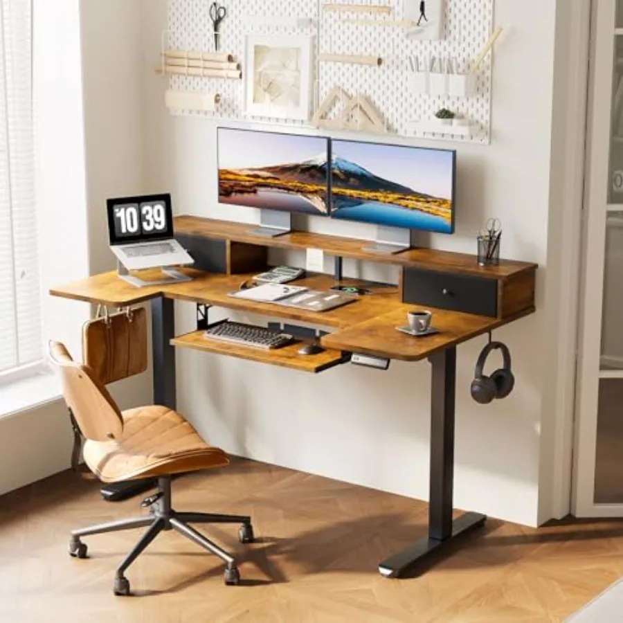 U Shape Standing Desk with Keyboard Tray and Drawers for Home Office, Steel Frame, Matte Black, Height-Adjustable and Space-Sav