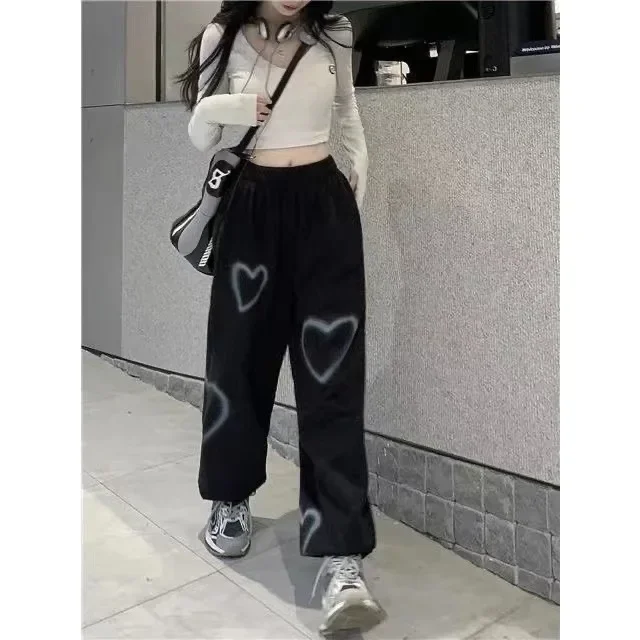 Calça casual feminina estampada em coração vintage, calças de jogging retas soltas, moda bf, streetwear hip hop, seção fina, verão, 2023