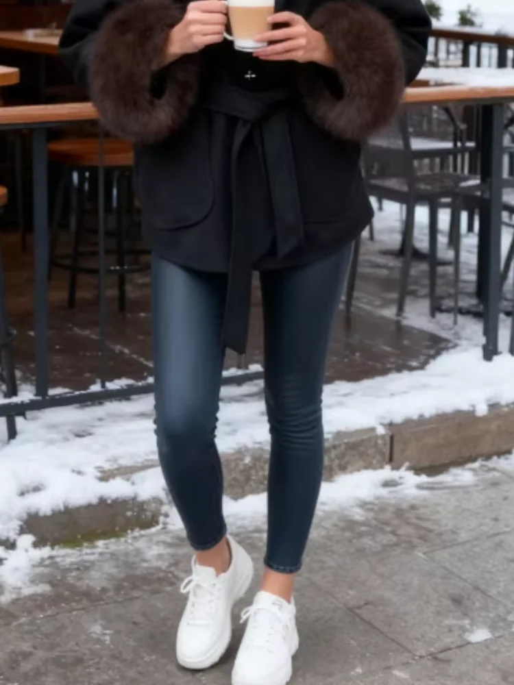 

Hoody Faux Fur Woolen Coats Women Fashion Belt Long Sleeve Pocket Thicken Warm Jacket 2025 Autumn Winter Urban Lady Streetwears