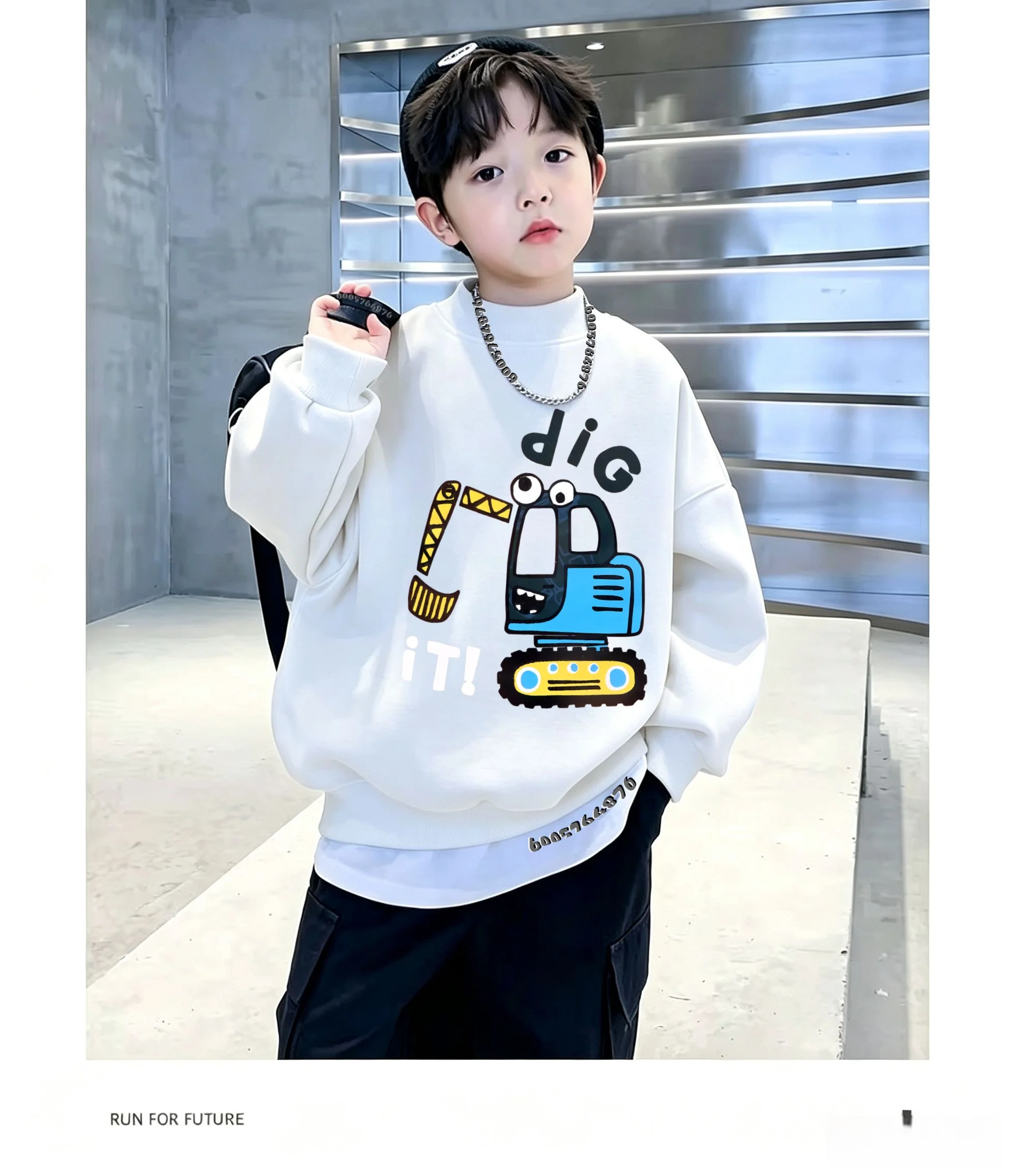 Best-selling Autumn-WinterCute Cartoon Excavator Pattern Printed Casual Loose Warm Long-Sleeved Children's Round-neck Sweatshirt