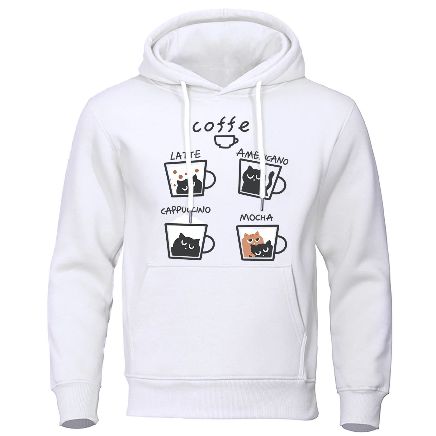 Coffee Cups And Cat Print Hoody Men Fashion Casual Hoodie Fleece Warm Loose Round Neck Hooded Hip Hop Autumn Pullover Tops Male