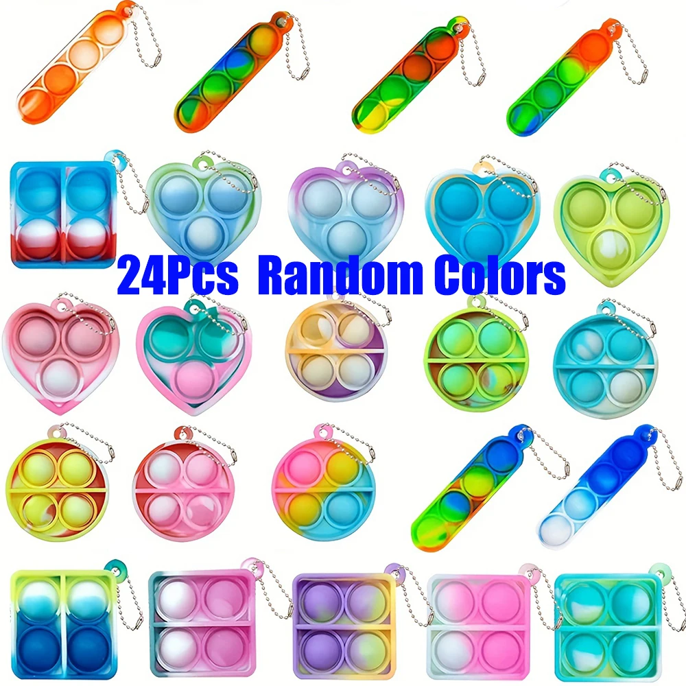 24Pcs Toddler Pop Fidget Toys 4 Shape Keychain Fidgets Packs Autism Stress Sensory Toys Party Favors