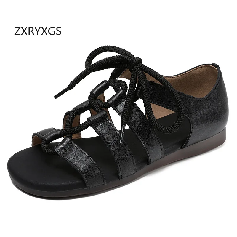 

ZXRYXGS 2025 British Style Summer Cow Leather Sandals Handmade Buckle Strap Open Toe Sandals Roman Shoes Women's Flat Sandals