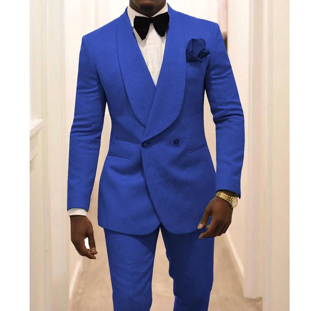 

Royal Blue Men Suits New Fashion Jacquard Shawl Lapel Male Suit 2 Piece Casual Wedding Groom Prom Slim Fit Blazer Jacket Pants