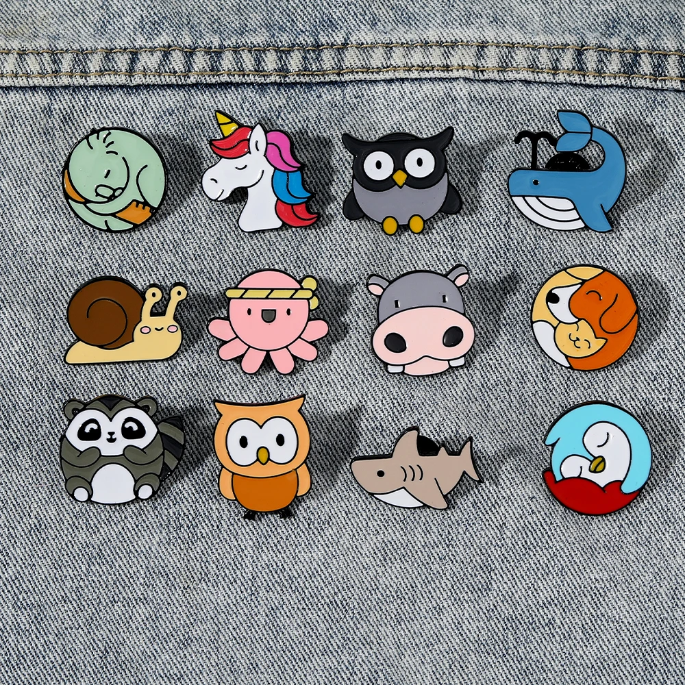 12Pcs/Set Fat Big Head Animal Collection Enamel Pins Cute Owl Snail Cow Karadog Raccoon Whale Octopus Bird Shark Shaped Brooches