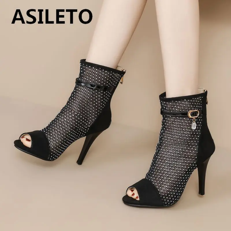 

ASILETO Sexy Female Sandals Peep Toe Flock Suede Breathable Mesh Zipper Belt Buckle Thin High Heels 10cm Plus Size 44 45 46