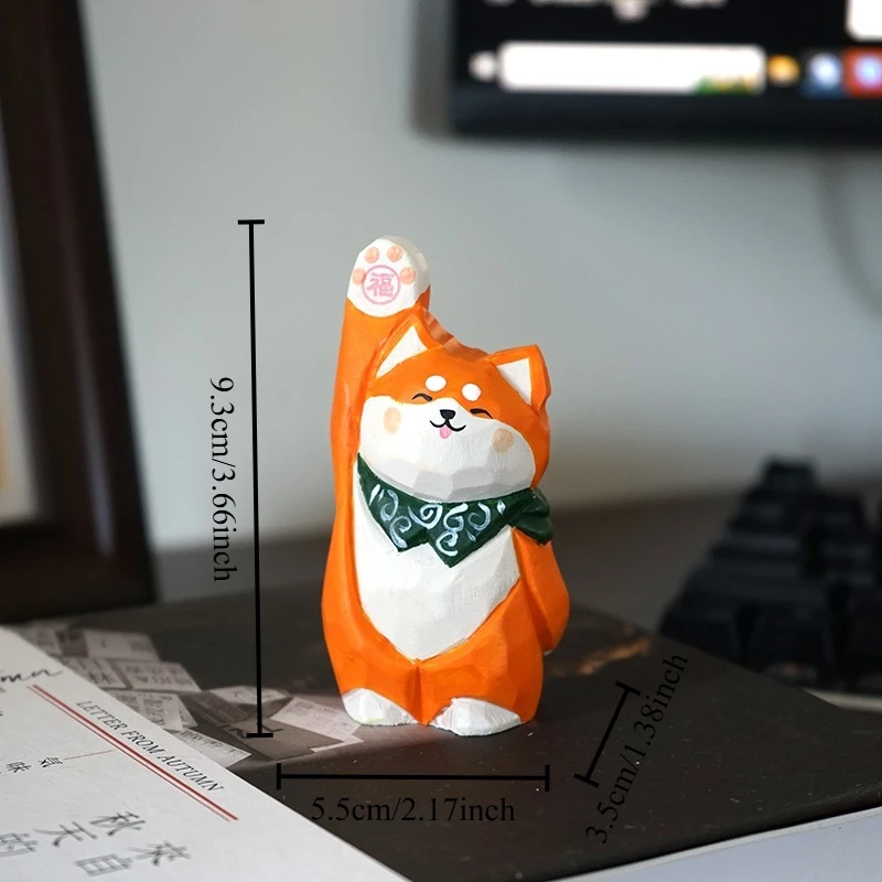 Lucky Fortune Shiba Inu Hand Carved Wood Statue Wealth Beckoning Feline Office Workspace Decor Gift Bedroom Nightstand Ornament