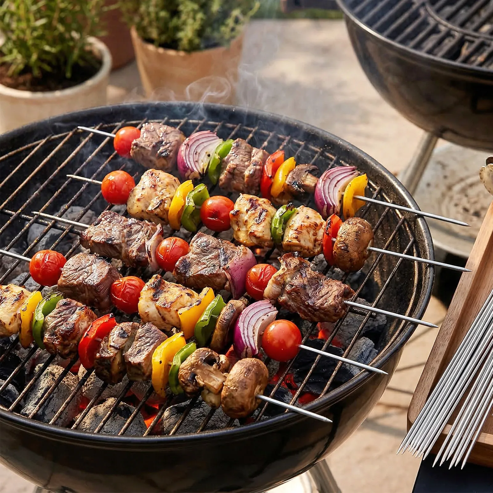 100Pcs Stainless Steel Barbecue Sticks Sturdy Silver 33Cm Outdoor Camping Hiking Bbq Grilling Skewers Barbecue Sticks