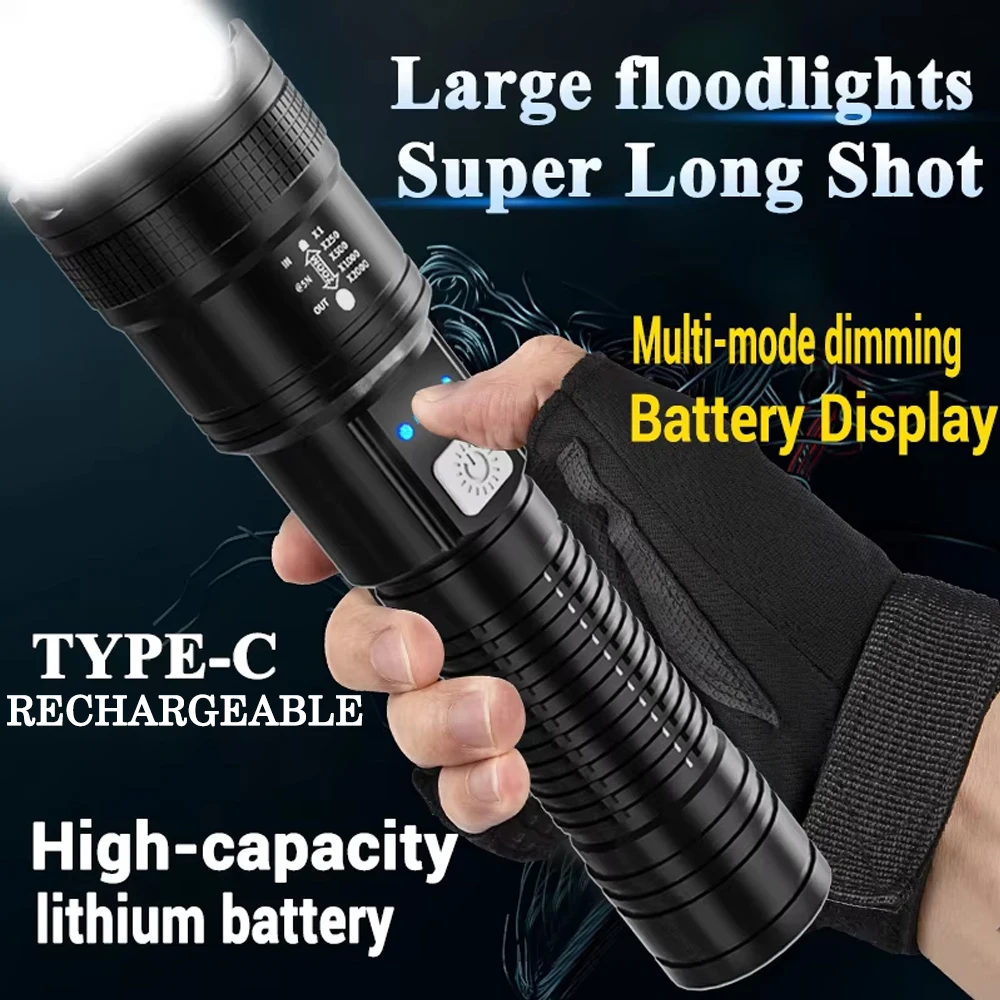 Powerful LED Strong Light Flashlights USB Rechargeable Tactical Zoom Torch with Built-in Battery Outdoor Camping Hunting Lantern