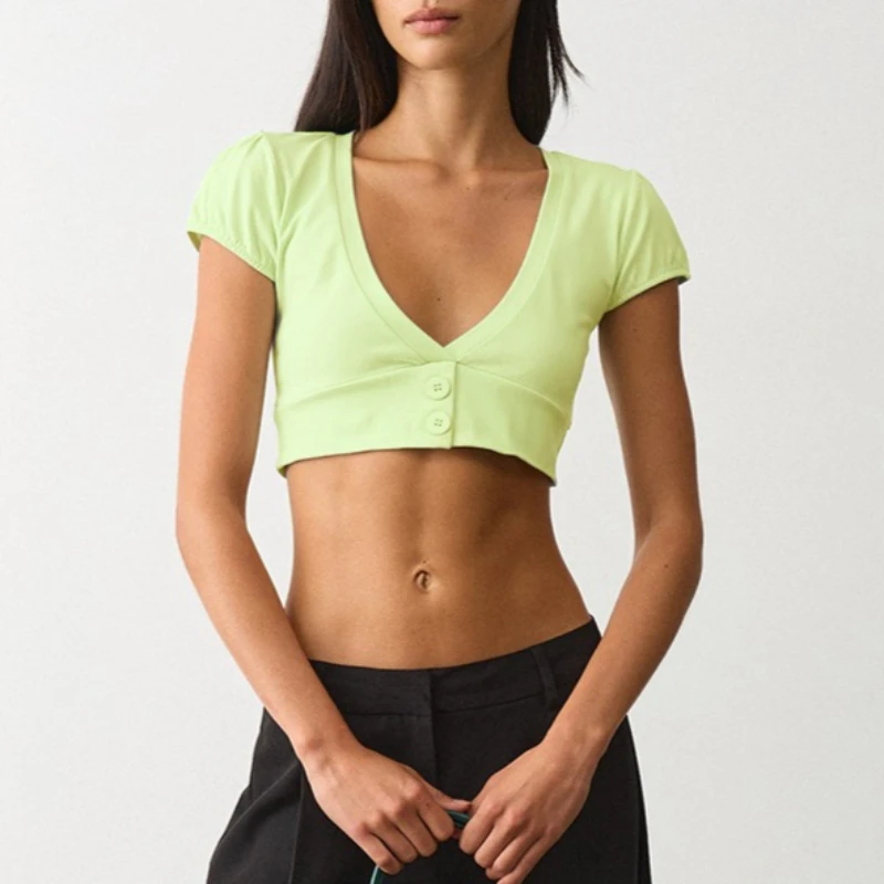 

Tsiisd Sexy Women's V Neck Crop Top Casual Daily Streetwear Slim Fashion Commute Party Clubbing 2026 Summer Y2k Female Top Tees