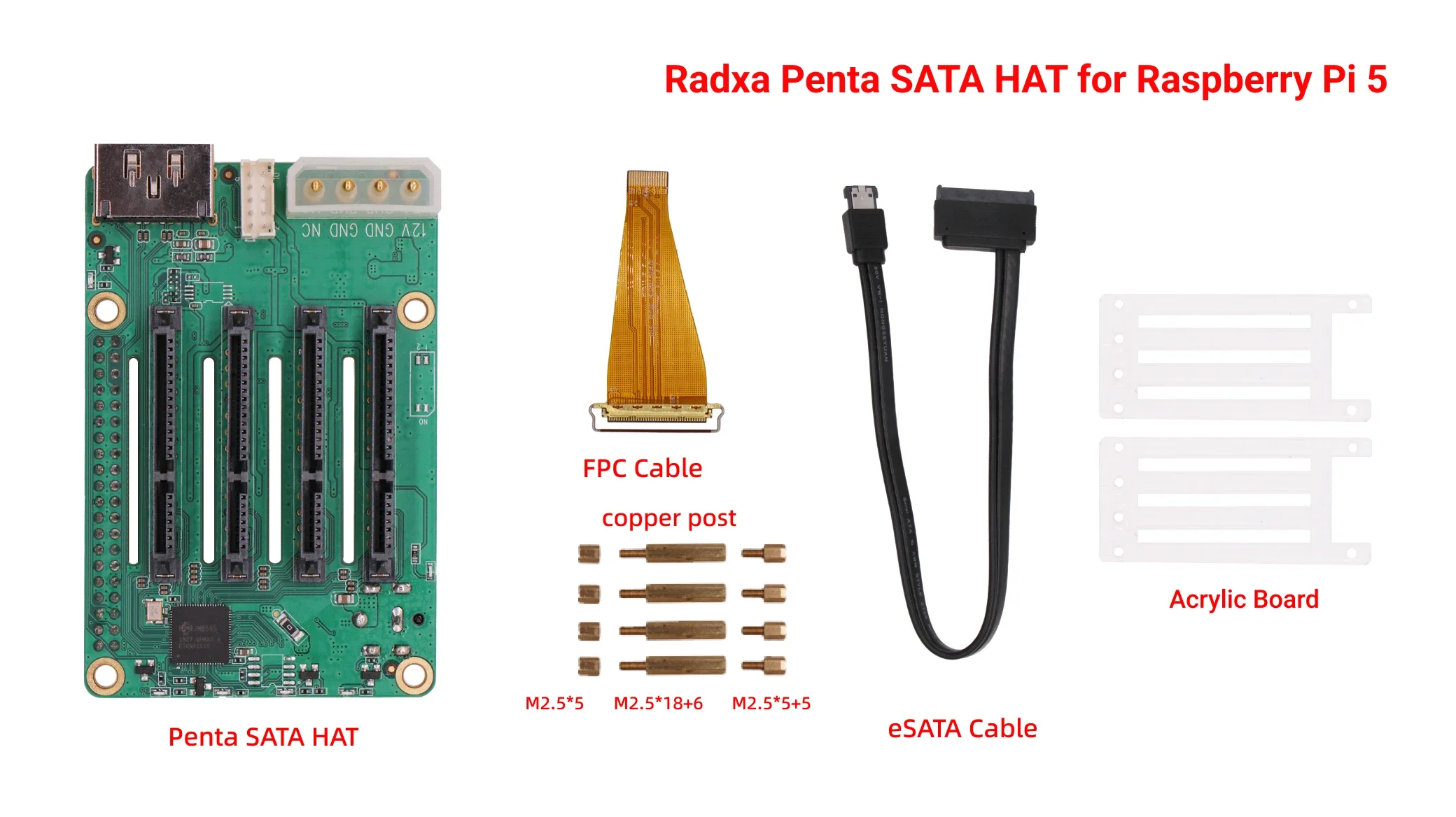 VivaRadxa Penta SATA HAT - Up To 5x SATA Disks HAT For Raspberry Pi 5 And ROCK Pi SBCs, 3C, 5A, 4A / 4B / 4SE / 4A+ / 4B+ / 3A