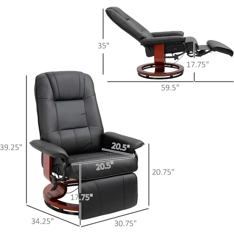 Poltrona reclinável manual de couro sintético, apoio de braço e base de madeira embrulhada para sala de estar, preta, casa.