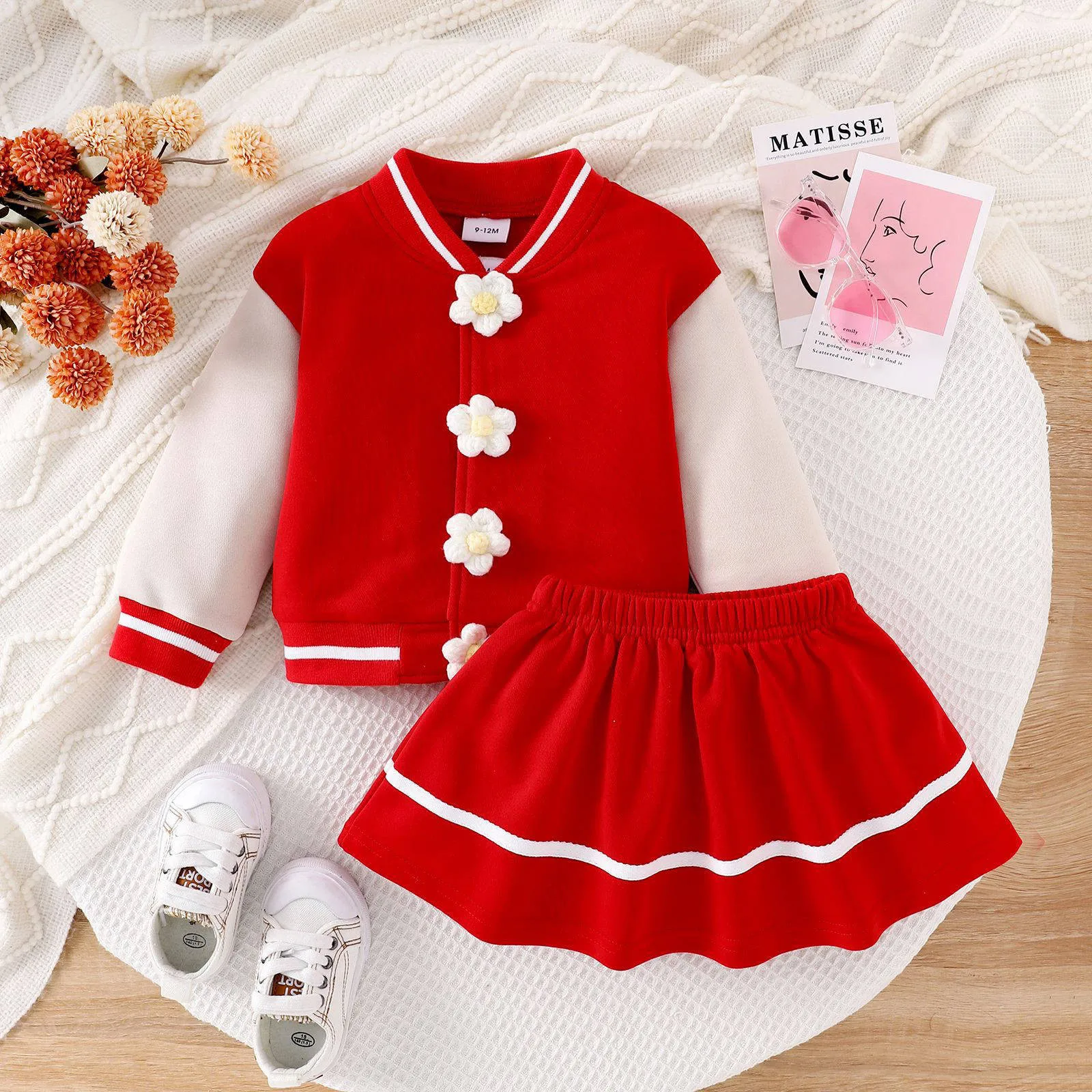 2PCS Children Girls Clothes Set Baseball Long Sleeved Overcoat+Short Skirt Fashion Style Design Suit Kids Girl 12M,18M,24M,3Y