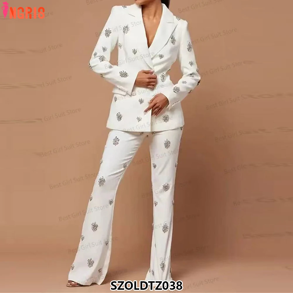 

2025 new high quality fashion heavy diamond beaded suit jacket flared pants suit-SZOLDTZ038