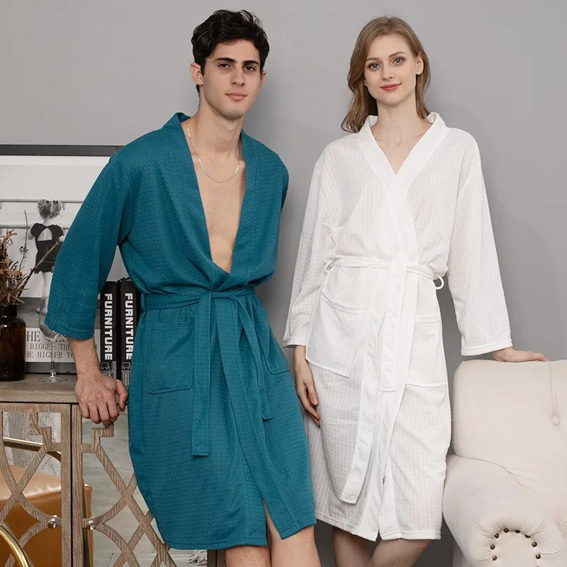 Spring Summer Bathrobe Couple Waffle Bathrobe Pajamas for Men and Women Beach Shawl Robes Lounge Bathrobe Long Sleeve Nightgown