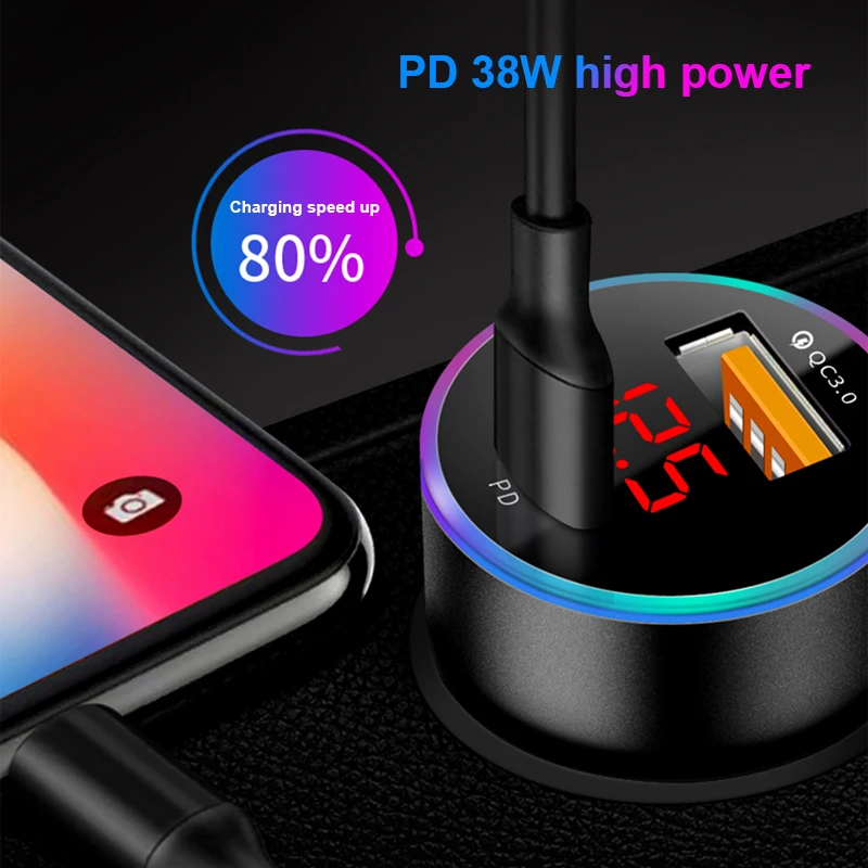 SEAMETAL 38W Car Charger PD+QC3.0 Fast Charging USB Phone Charger Cigarette Lighter Adapter Socket 12-24V Universal Car Charger
