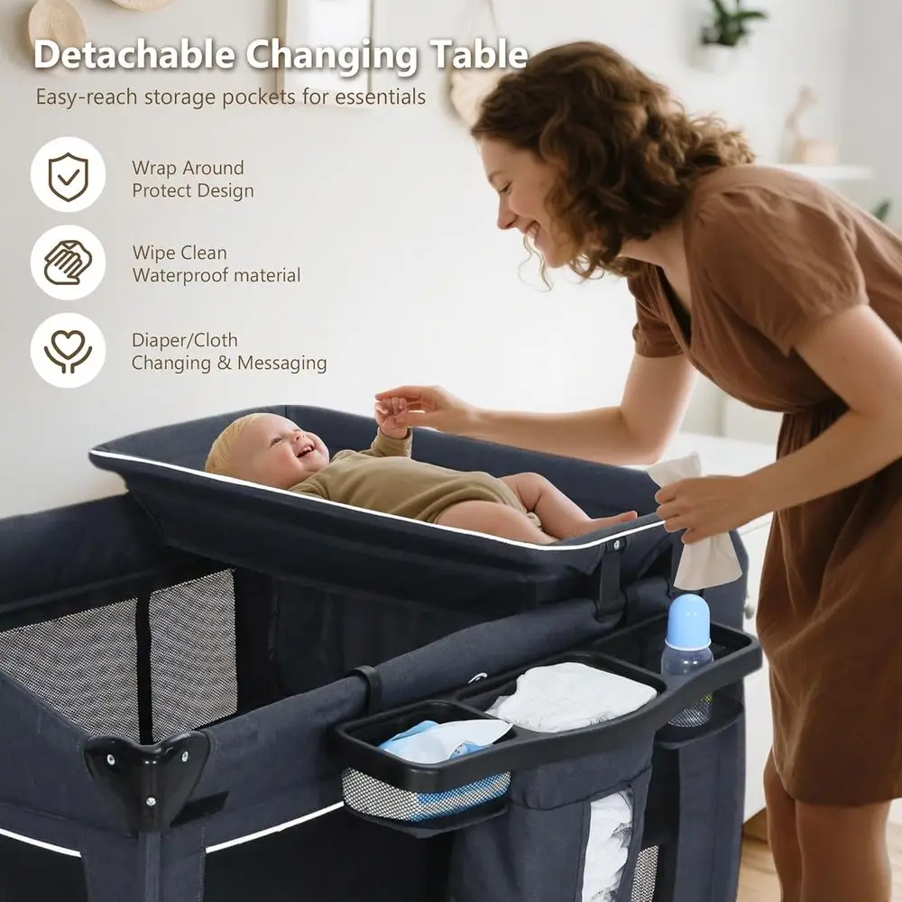 Compacte 4-in-1 speelplaats met wieg, commode en luifel, draagbare wieg voor baby's en peuters, donkergrijs